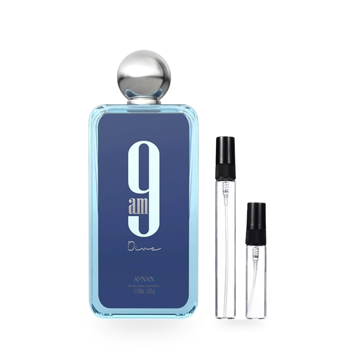 9AM: frasco original con los decants de 10 ml y 5 ml