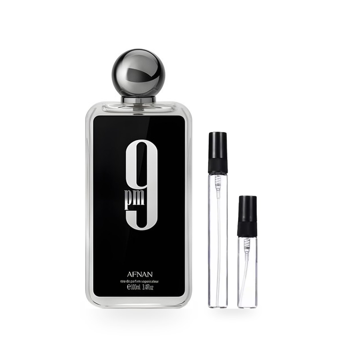 9PM: frasco original con los decants de 10 ml y 5 ml