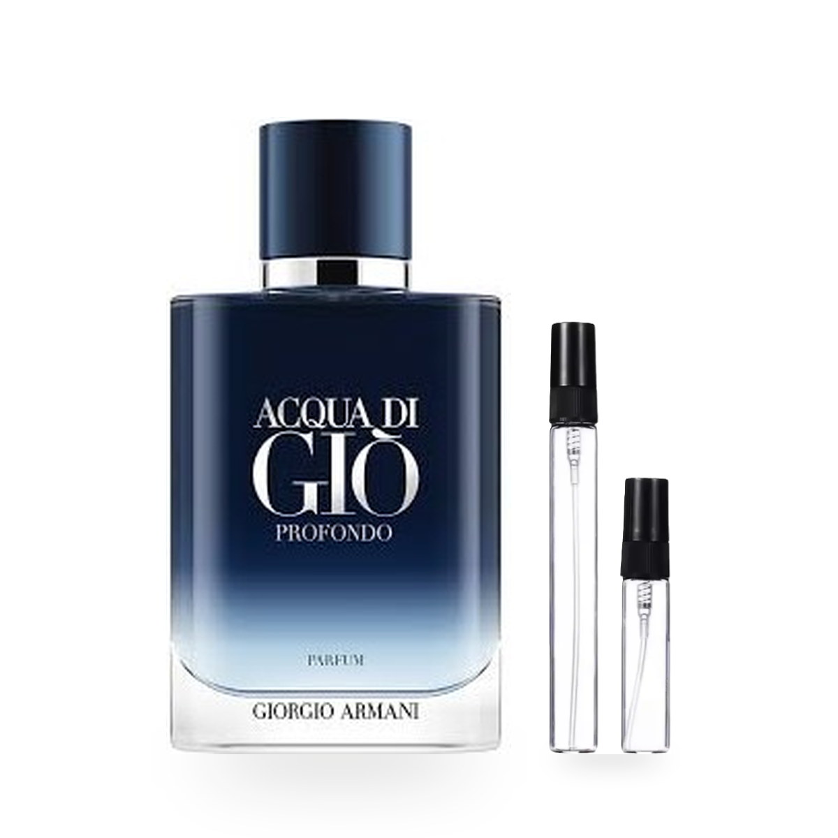 Acqua di Gio Profondo Parfum: frasco original con los decants de 10 ml y 5 ml