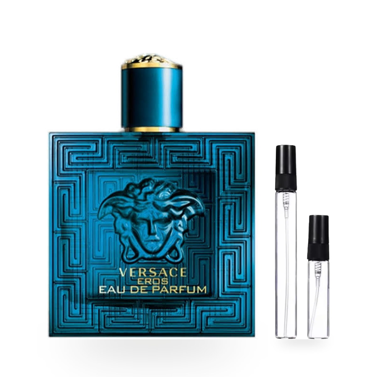 Eros de Versace EDP: frasco original con los decants de 10 ml y 5 ml